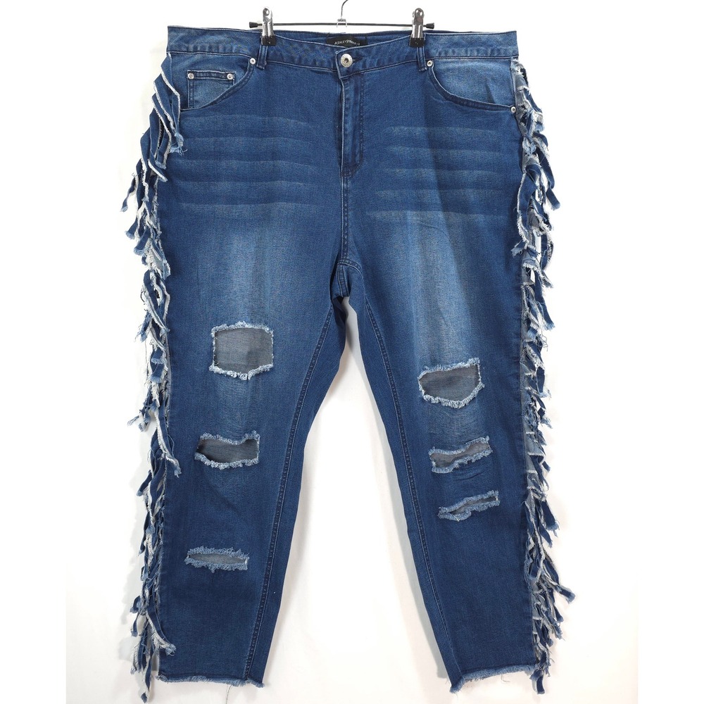 Ashley Stewart Fringe Distressed Jeans Women 20 Stretch Boho‎ Western Denim